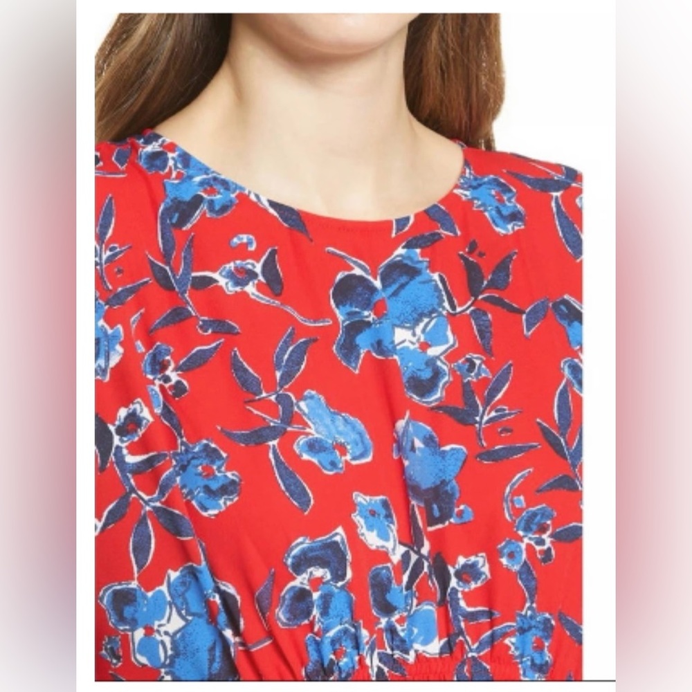 NWT Halogen Midi Dress Floral Size Medium Red Crepe Chiffon Tiered Stretch Waist - Picture 4 of 12